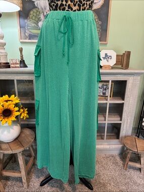 Bucketlist Wide-Leg Cargo Knit Pants - Kelly Green Sz Large